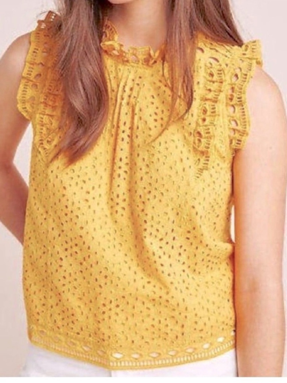 Maeve Anthropologie Women's Yellow Eyelet Ruffle Sleeveless Top 10